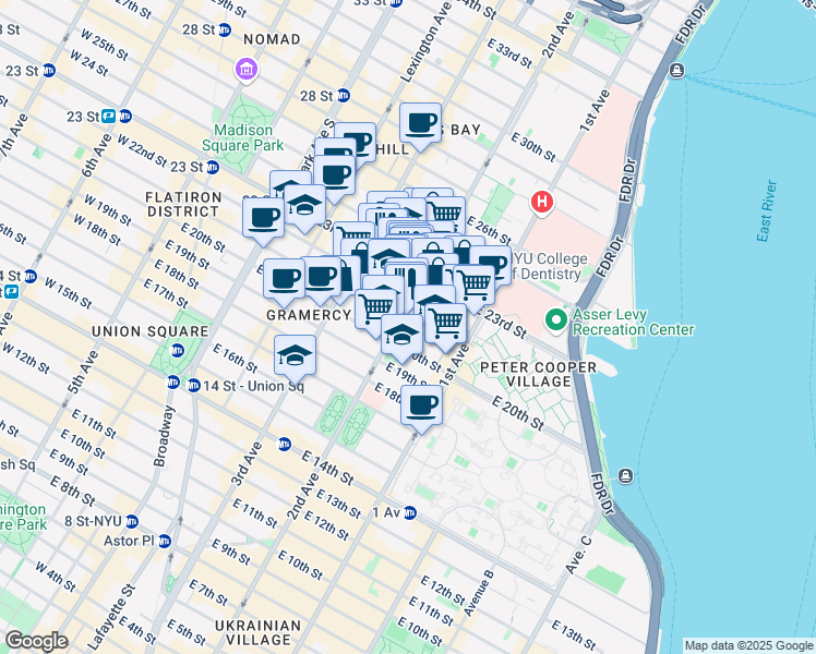 map of restaurants, bars, coffee shops, grocery stores, and more near 300-398 East 21st Street in New York