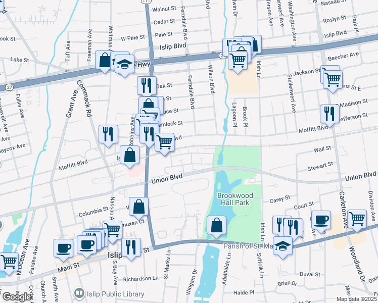 map of restaurants, bars, coffee shops, grocery stores, and more near 91 Cardinal Lane in Islip