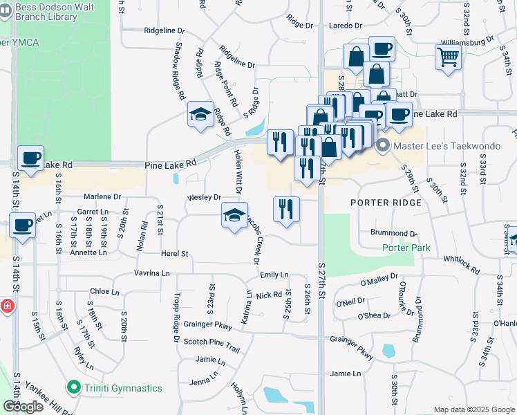 map of restaurants, bars, coffee shops, grocery stores, and more near 7400 Jacobs Creek Drive in Lincoln