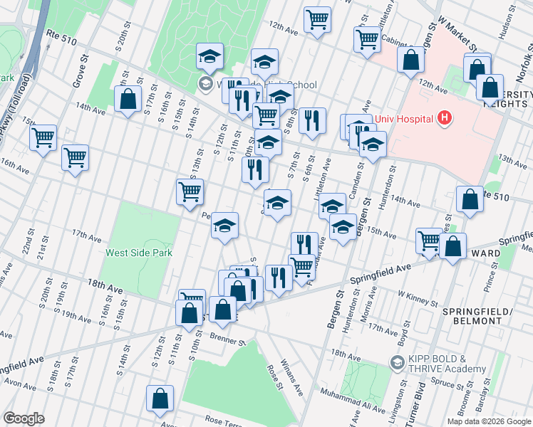map of restaurants, bars, coffee shops, grocery stores, and more near 467 15th Avenue in Newark