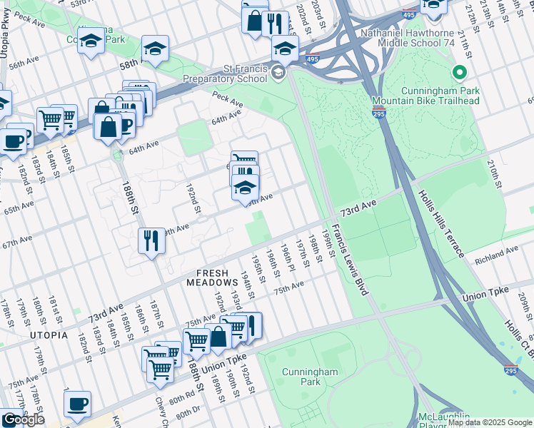 map of restaurants, bars, coffee shops, grocery stores, and more near 196-36 69th Avenue in Queens