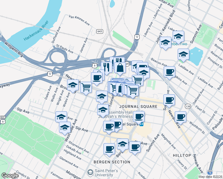 map of restaurants, bars, coffee shops, grocery stores, and more near in Jersey City
