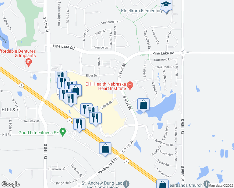 map of restaurants, bars, coffee shops, grocery stores, and more near 9011 Heritage Lakes Drive in Lincoln