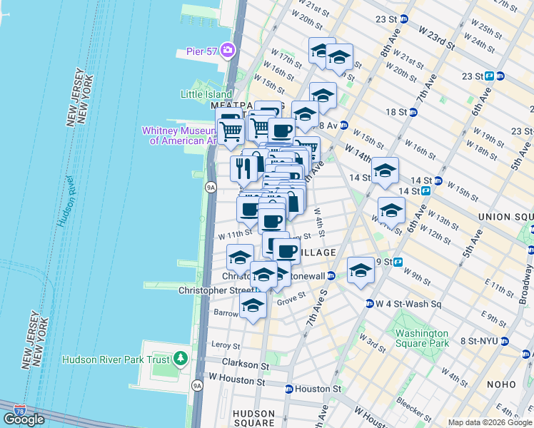 map of restaurants, bars, coffee shops, grocery stores, and more near 103 Bank Street in New York
