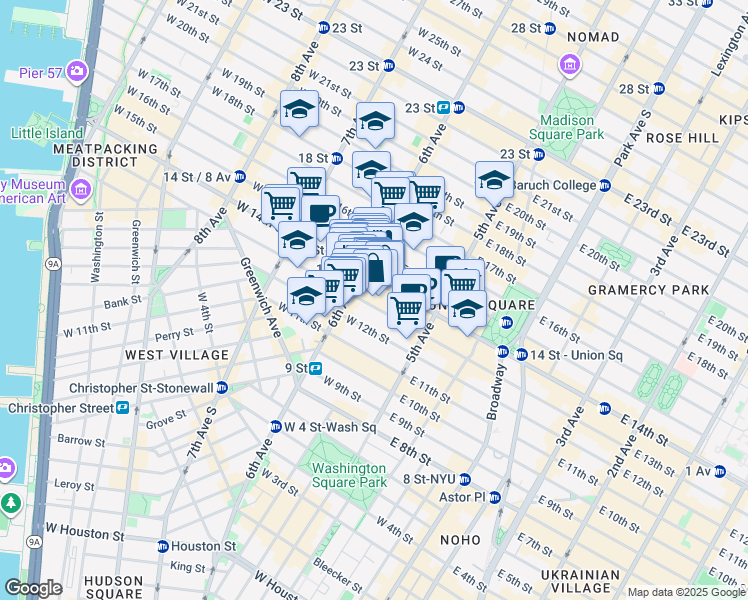 map of restaurants, bars, coffee shops, grocery stores, and more near 47 West 13th Street in New York