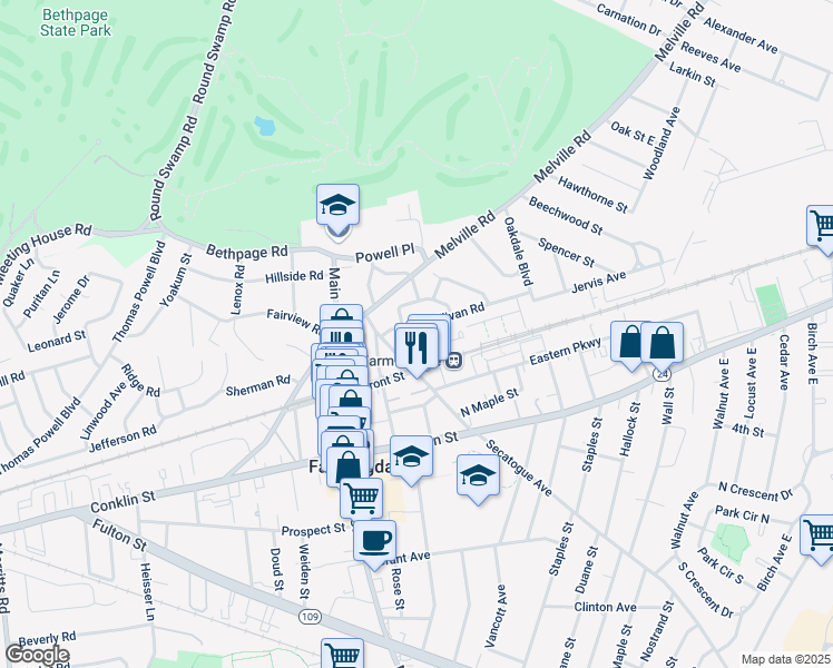 map of restaurants, bars, coffee shops, grocery stores, and more near 25 Sullivan Road in Farmingdale