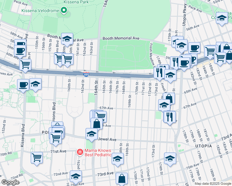 map of restaurants, bars, coffee shops, grocery stores, and more near 61-43 167th Street in Queens