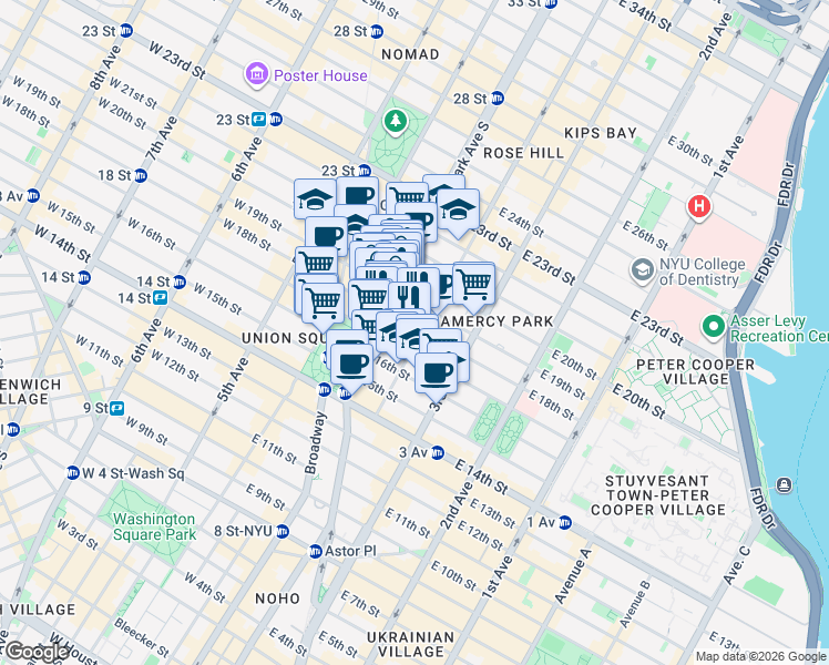 map of restaurants, bars, coffee shops, grocery stores, and more near 117 East 18th Street in New York