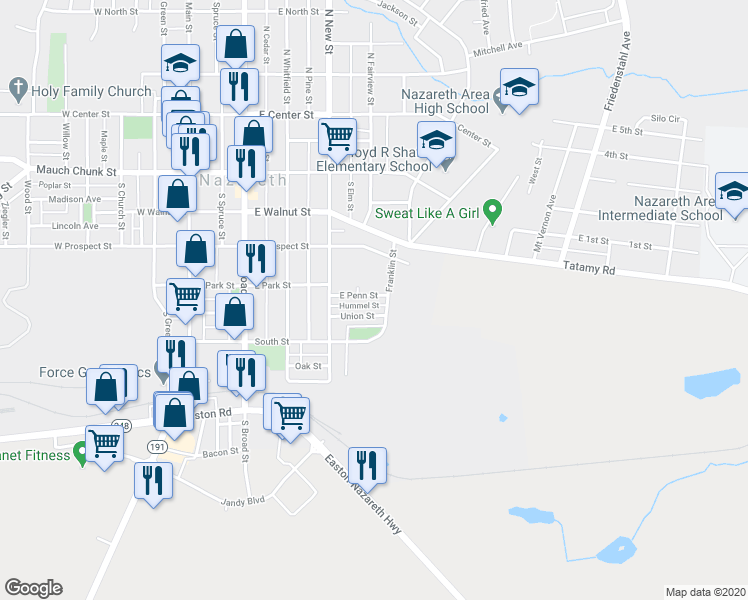 map of restaurants, bars, coffee shops, grocery stores, and more near 444 East Penn Street in Nazareth