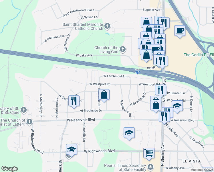 map of restaurants, bars, coffee shops, grocery stores, and more near 3013 West Westport Road in Peoria