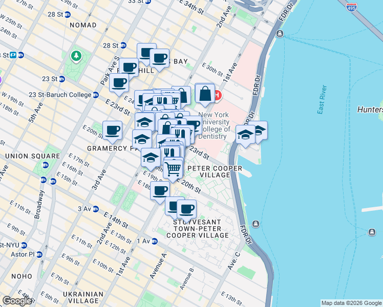 map of restaurants, bars, coffee shops, grocery stores, and more near 400 East 23rd Street in New York