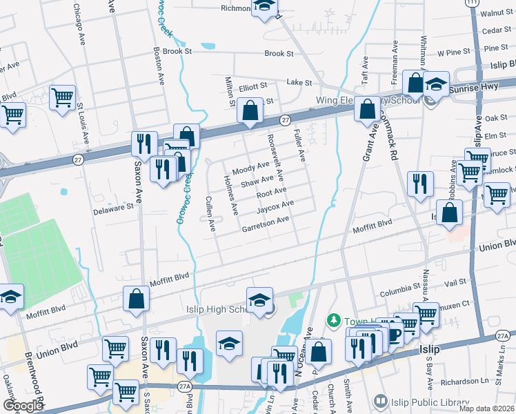 map of restaurants, bars, coffee shops, grocery stores, and more near 72 Peckham Avenue in Islip