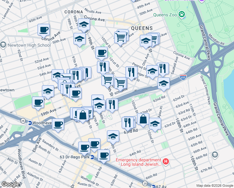 map of restaurants, bars, coffee shops, grocery stores, and more near 99-11 60th Avenue in Queens