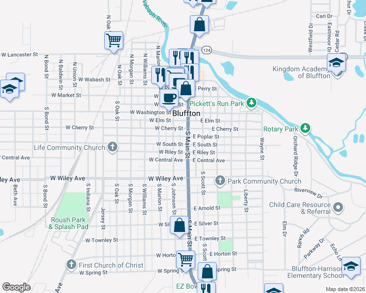 map of restaurants, bars, coffee shops, grocery stores, and more near 112 West South Street in Bluffton
