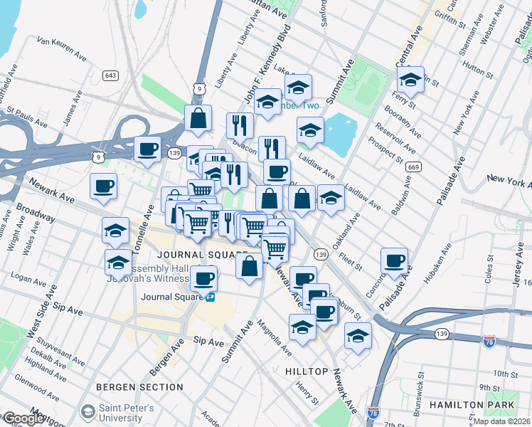 map of restaurants, bars, coffee shops, grocery stores, and more near 639 Summit Avenue in Jersey City