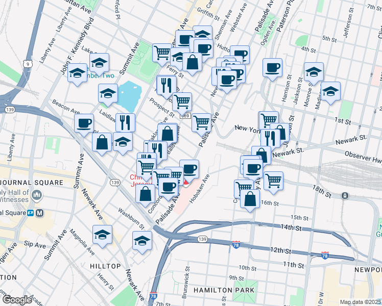 map of restaurants, bars, coffee shops, grocery stores, and more near 235 Palisade Avenue in Jersey City