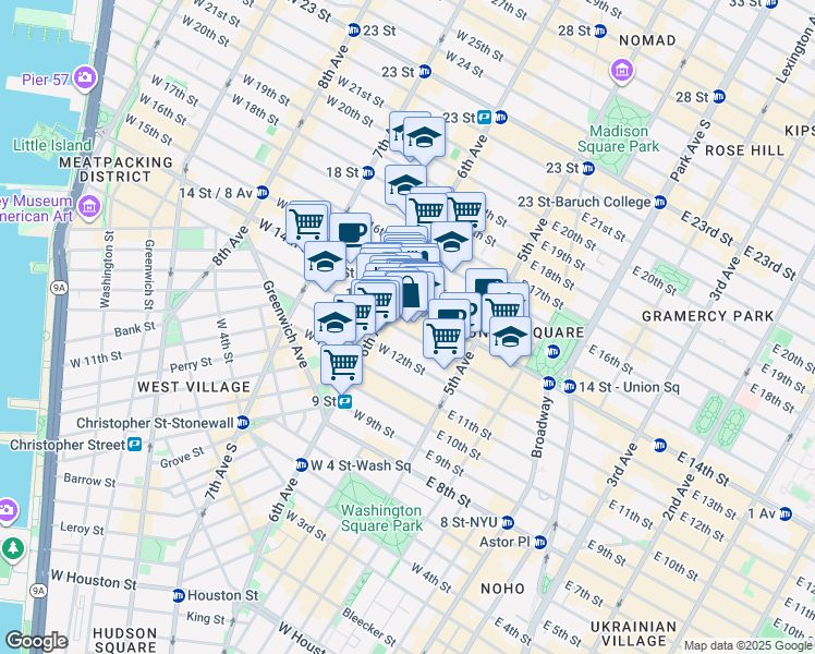 map of restaurants, bars, coffee shops, grocery stores, and more near 47 West 13th Street in New York