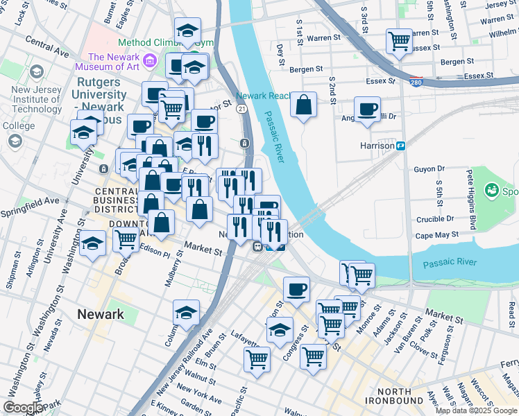 map of restaurants, bars, coffee shops, grocery stores, and more near 1043 Raymond Boulevard in Newark
