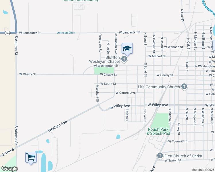 map of restaurants, bars, coffee shops, grocery stores, and more near 1433 West South Street in Bluffton