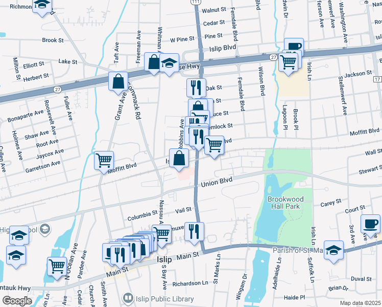 map of restaurants, bars, coffee shops, grocery stores, and more near 15 Robbins Avenue in Islip