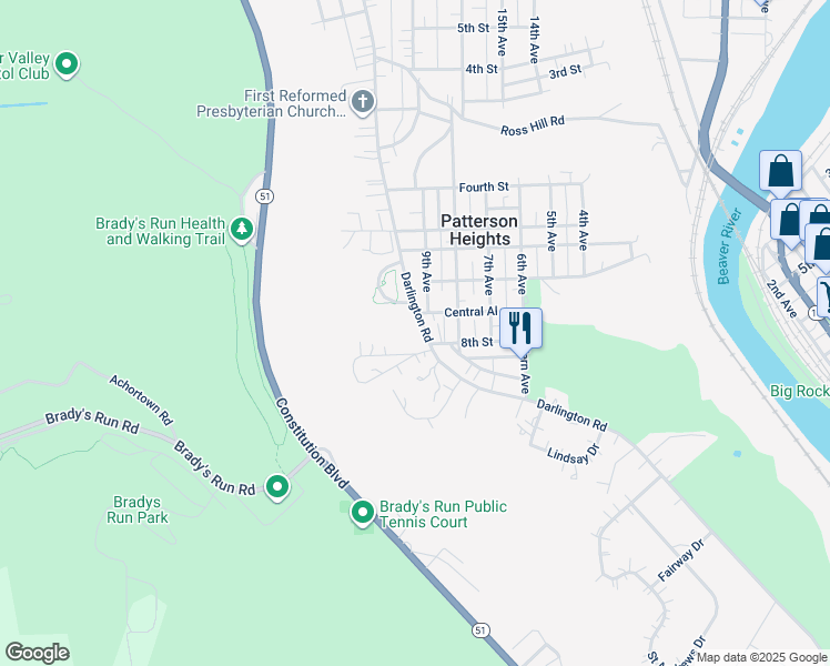 map of restaurants, bars, coffee shops, grocery stores, and more near 61 Darlington Road in Beaver Falls
