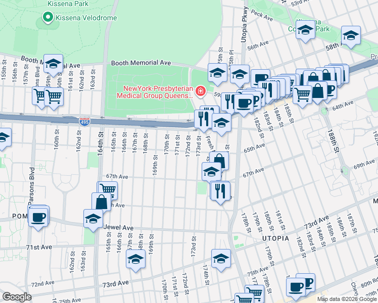 map of restaurants, bars, coffee shops, grocery stores, and more near 61-35 172nd Street in Queens