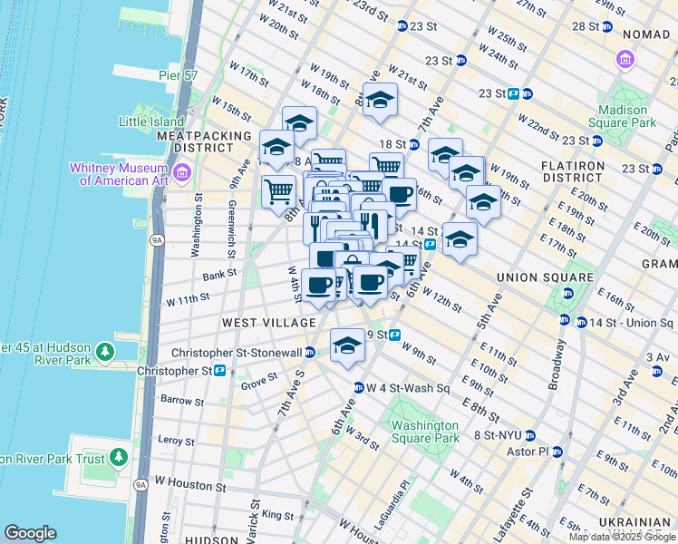 map of restaurants, bars, coffee shops, grocery stores, and more near 203 West 11th Street in New York