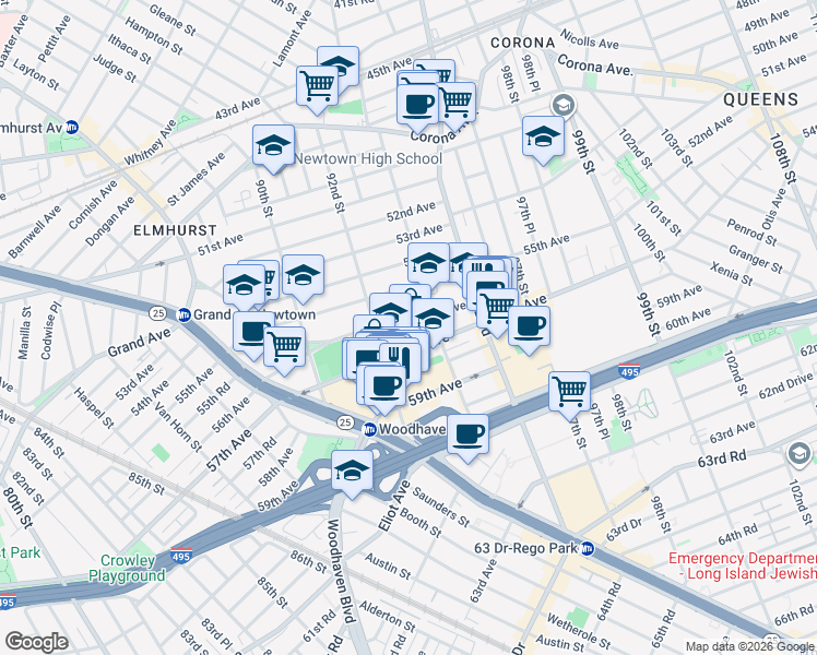 map of restaurants, bars, coffee shops, grocery stores, and more near 92-31 56th Avenue in Queens