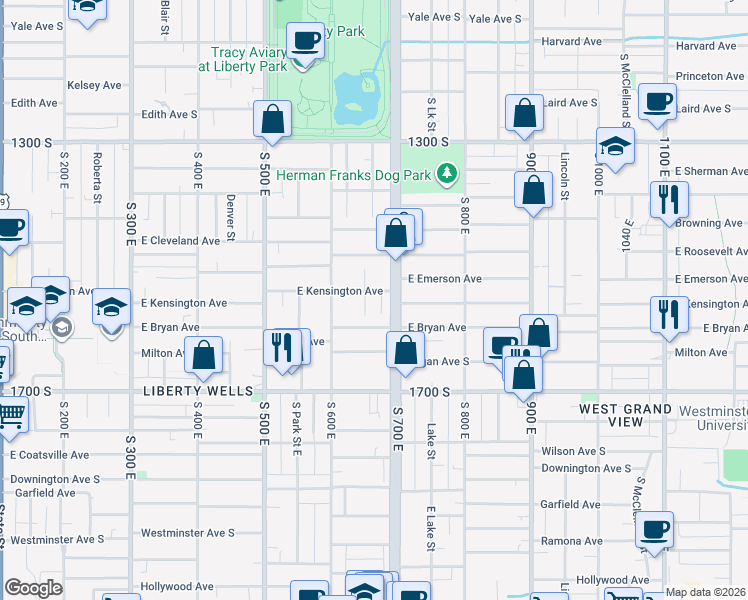 map of restaurants, bars, coffee shops, grocery stores, and more near 675 Kensington Avenue in Salt Lake City