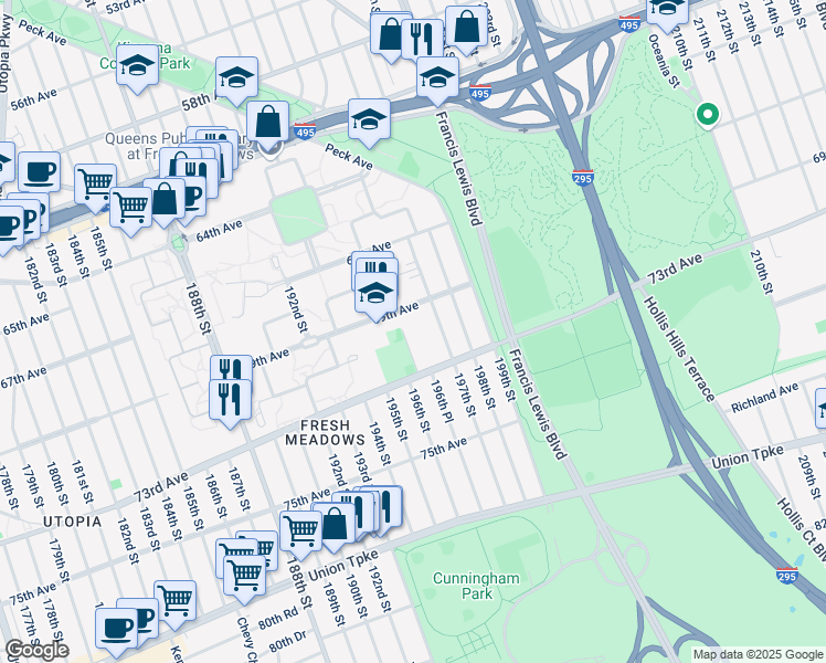 map of restaurants, bars, coffee shops, grocery stores, and more near 69-10 197th Street in Queens