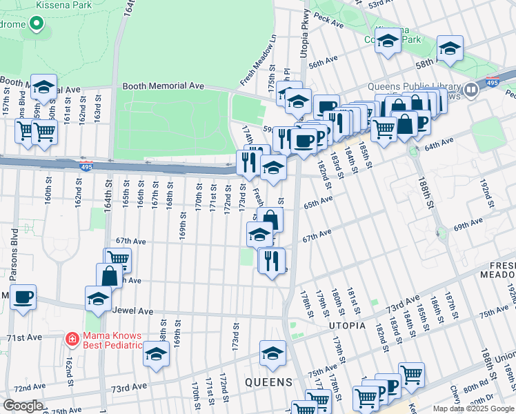 map of restaurants, bars, coffee shops, grocery stores, and more near 61-43 Fresh Meadow Lane in Queens