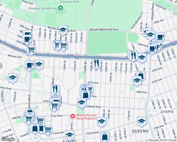 map of restaurants, bars, coffee shops, grocery stores, and more near 61-49 164th Street in Queens