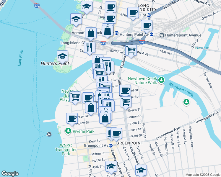 map of restaurants, bars, coffee shops, grocery stores, and more near 52 Box Street in Brooklyn