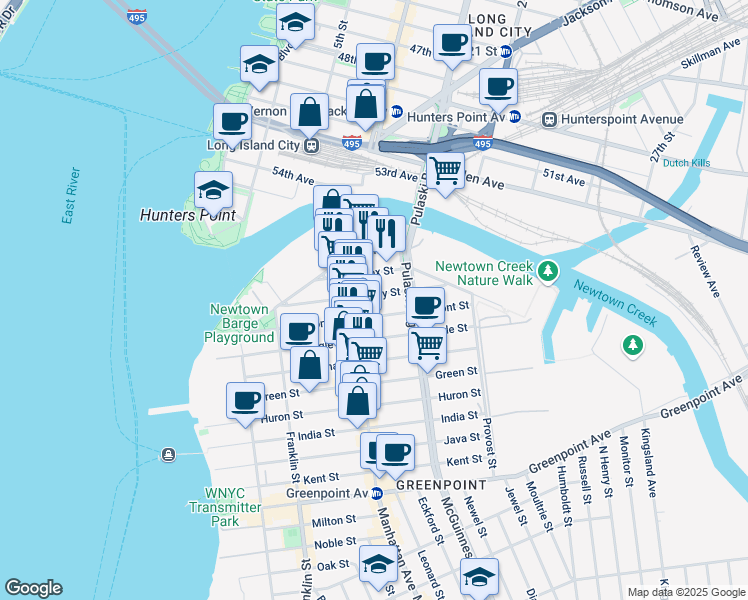 map of restaurants, bars, coffee shops, grocery stores, and more near 52 Box Street in Brooklyn