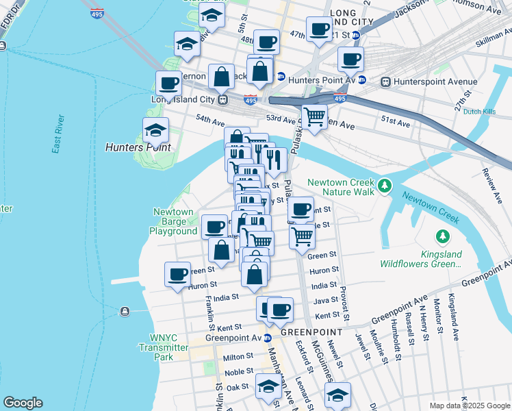 map of restaurants, bars, coffee shops, grocery stores, and more near 52 Box Street in Brooklyn