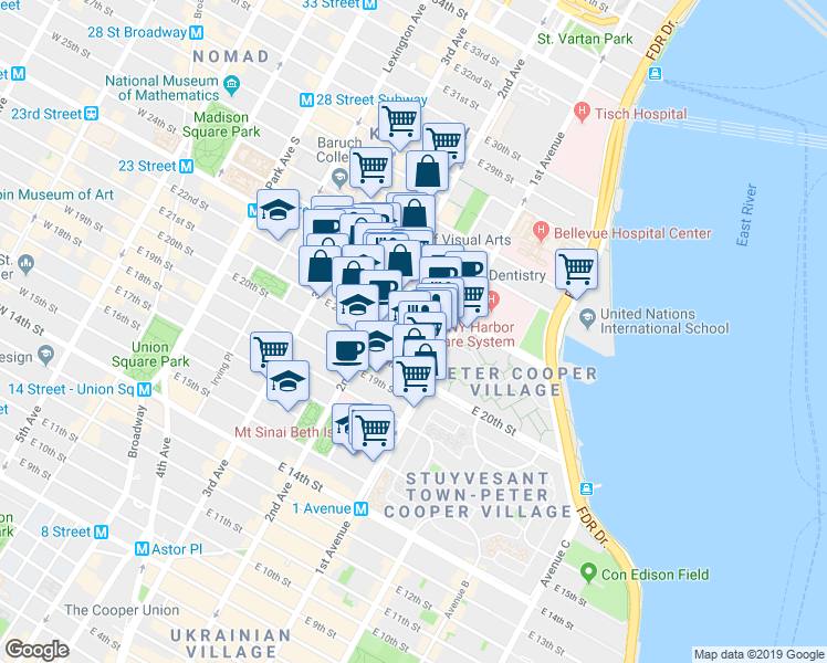 map of restaurants, bars, coffee shops, grocery stores, and more near 320 East 23rd Street in New York