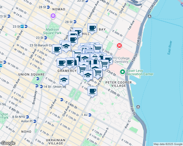map of restaurants, bars, coffee shops, grocery stores, and more near 380 2nd Avenue in New York