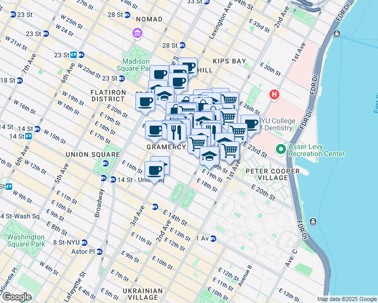 map of restaurants, bars, coffee shops, grocery stores, and more near 224 East 21st Street in New York