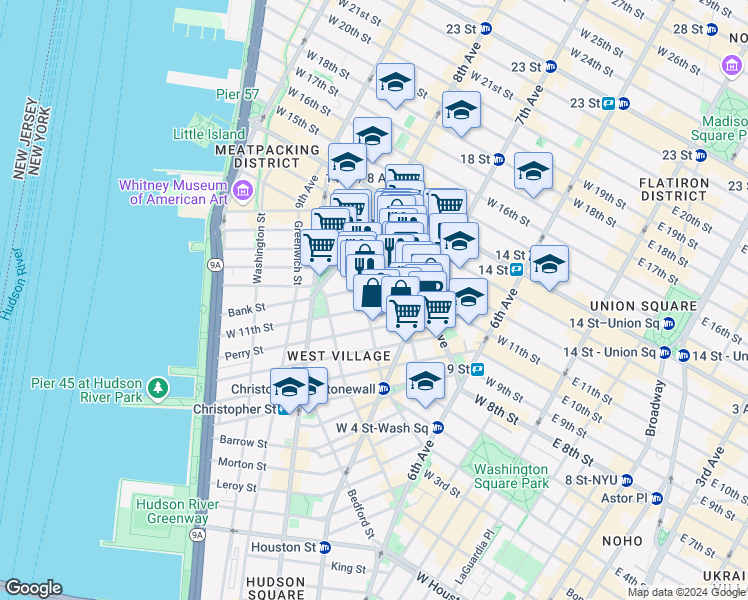map of restaurants, bars, coffee shops, grocery stores, and more near 18 Bank Street in New York