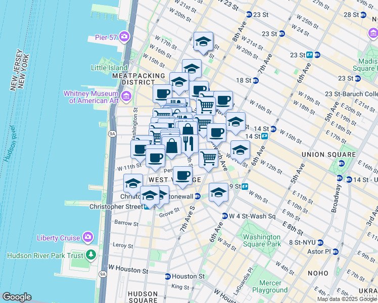 map of restaurants, bars, coffee shops, grocery stores, and more near 55 Bank Street in New York