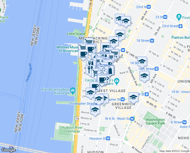 map of restaurants, bars, coffee shops, grocery stores, and more near 20 Bethune Street in New York