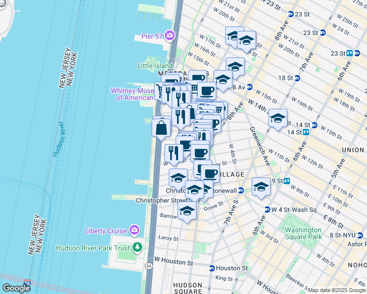 map of restaurants, bars, coffee shops, grocery stores, and more near 756 Washington Street in New York