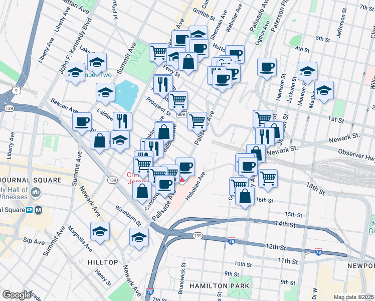map of restaurants, bars, coffee shops, grocery stores, and more near 235 Palisade Avenue in Jersey City