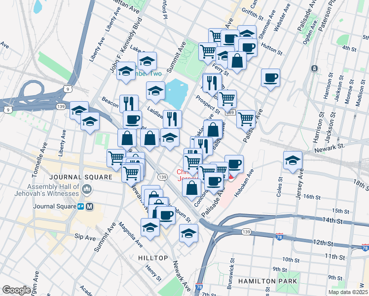 map of restaurants, bars, coffee shops, grocery stores, and more near 79 Laidlaw Avenue in Jersey City