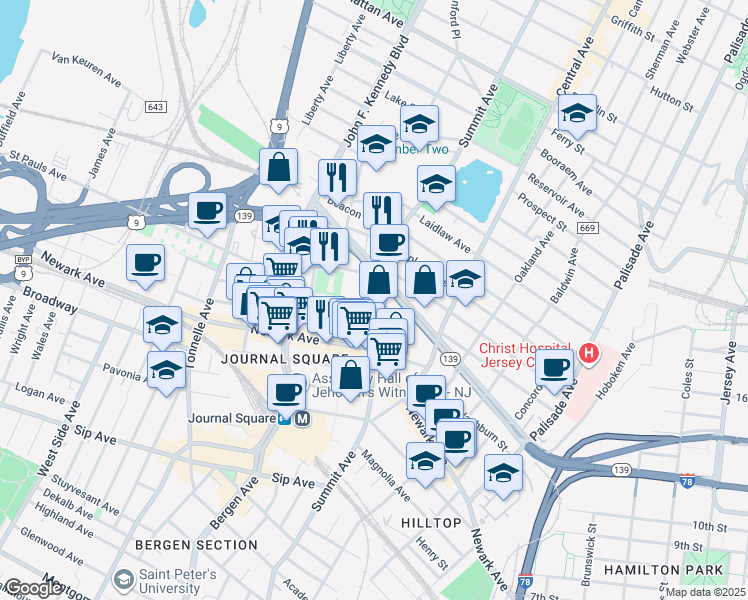 map of restaurants, bars, coffee shops, grocery stores, and more near 639 Summit Avenue in Jersey City