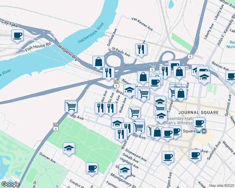 map of restaurants, bars, coffee shops, grocery stores, and more near 153 County Road 642 in Jersey City