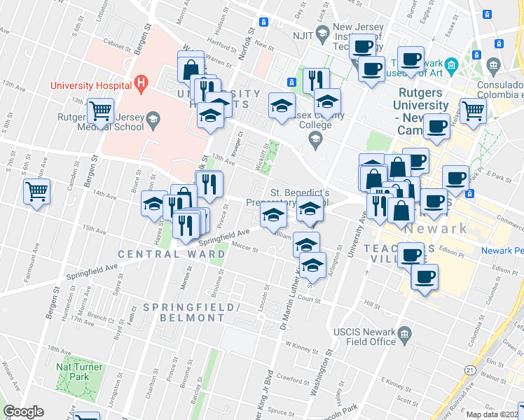 map of restaurants, bars, coffee shops, grocery stores, and more near 73 Howard Street in Newark
