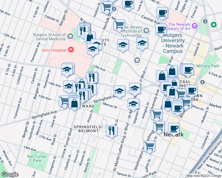 map of restaurants, bars, coffee shops, grocery stores, and more near 59 South Orange Avenue in Newark