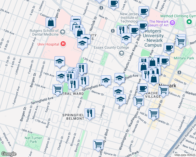 map of restaurants, bars, coffee shops, grocery stores, and more near 59 South Orange Avenue in Newark