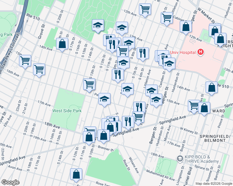 map of restaurants, bars, coffee shops, grocery stores, and more near 467 15th Avenue in Newark
